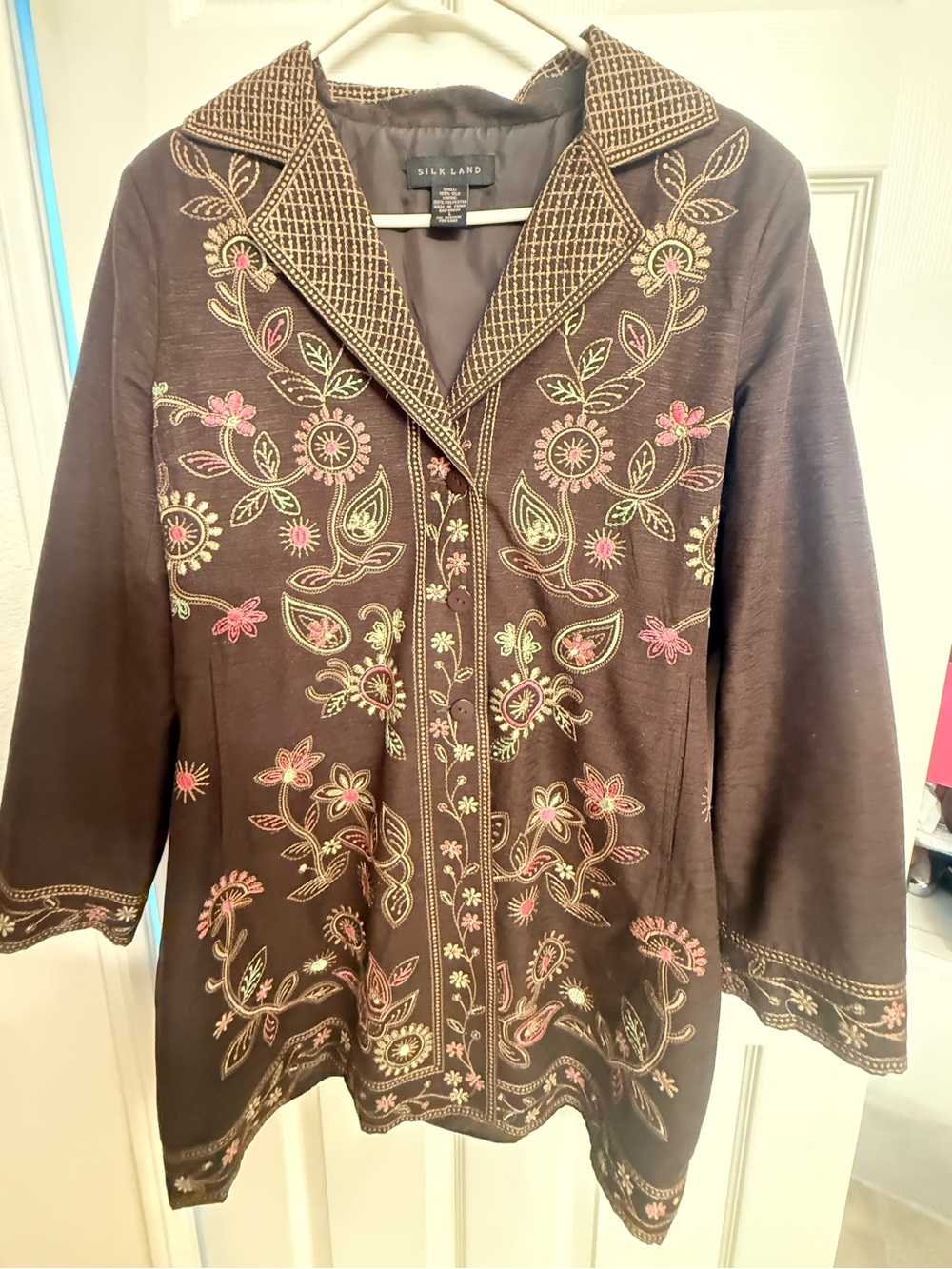 SilkLand Brown Embroidered Floral Jacket with Pink and Green Accents